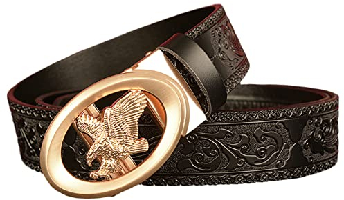 NALANY Schwarz Ledergürtel Mit Floraler Prägung Western,Slide Ratsche Gürtel Tier Schnalle Für Herren Kleid Hose Shirt Oxfords,Trim Zu Passen(110cm/43, Eagle-A)