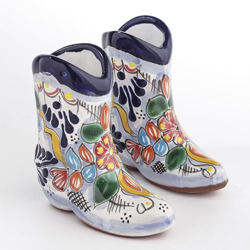 MEXTEQUIL - Talavera Cowboy Boot Shot Glasses - Set of 2 - Authentic Mexican Tequila Shot Glasses - Hand-painted - 3 Oz (Sky blue)