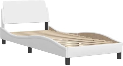 vidaXL Bettgestell Dover, Bett mit Stützbeinen Lattenrost, Bettrahmen in Wellenform, Einzelbett Polsterbett Schlafzimmerbett, Weiß 80x200cm Kunstleder