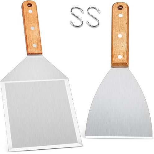 HaWare Grillspachtel, 2 Stück Edelstahl Plancha Spachtel Set mit Holzgriff für Smash Burger, Grillspachtel Grillwender für Gasgrill/Feuerplatte/Teppanyaki, Ideales Grill Zubehör