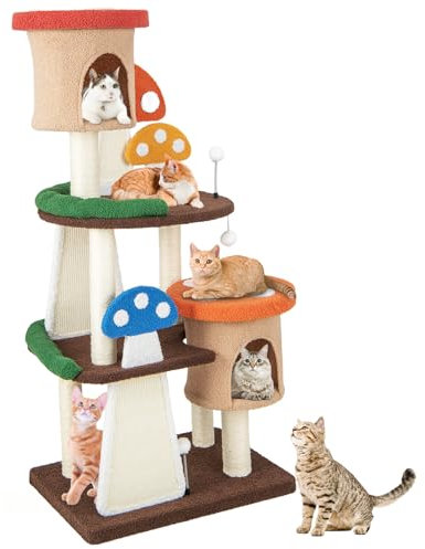 COSTWAY Cat Tree, Multilevel Cat Tower with Scratching Post & Board, Condo, Spring Ball, Mushroom-themed Kitten Activity Centre for Indoor Cats