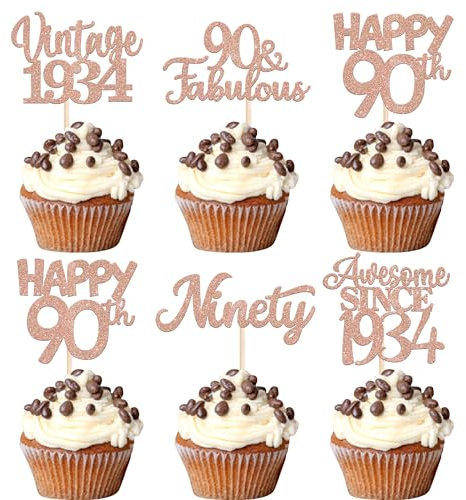 30 Stück Vintage 1934 Cupcake Toppers Glitzer Happy 90th Geburtstag Tortendeko Cheers to 90 Fabulous Ninety Kuchen Deko für 90th Geburtstag Hochzeit Jahrestag Party Rosegold