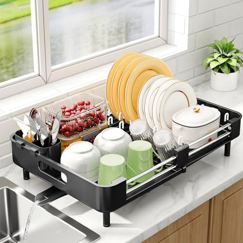 Kitstorack Escurridor De Platos Expandible, Escurreplatos Acero Inoxidable con Soporte Extraíble para Cubiertos, Pico Giratorio para Escurrir, Escurreplatos Plegable para Fregadero de Cocina, Negro