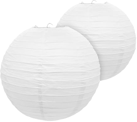 Papier Lampion in weiß zum Hängen - 2er Set in 25 cm - Deko Papierlaterne rund - Lampenschirm Papierlampe gerippt Deko für Garten Party Hochzeit Geburtstag Bamboo Style