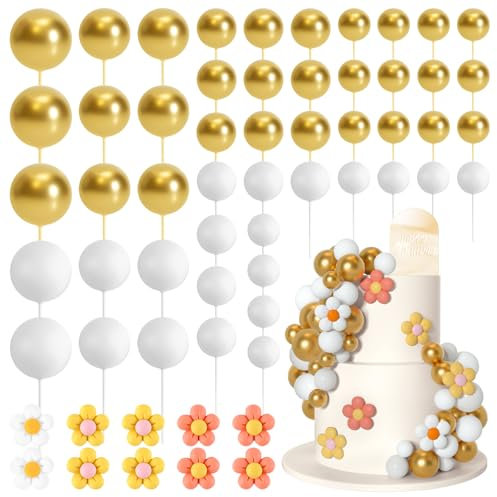 Bouiexye 61 Pcs Boho Cake Topper Balls Decorations Mini Balloon Retro Hippie Daisy Flower Acrylic Cake Topper for Birthday Party Wedding Rainbow Baby Shower (White Gold)