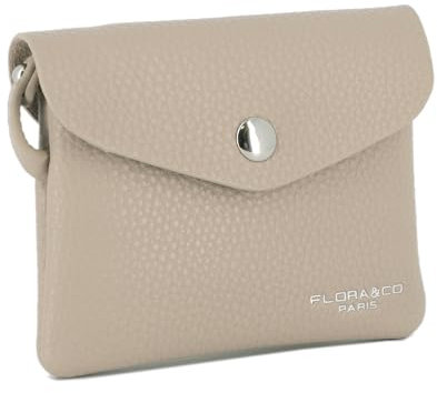 flora & co - Petit Porte-Monnaie Cartes Similicuir Souple - Portefeuille Pochette Rabat Zip avec Crochet Porte-clé - Pratique Léger - Beige