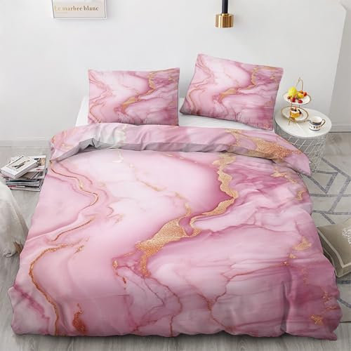 Single Duvet Cover Set Pink Marble - Rose Gold Bedding 2 Piece with 1 Pillow Case - Reversible Design & Bedroom Decorations - Soft Microfibre Quilt Cover with Zip M&-2421