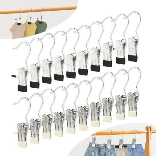 20 Metal Ganchos con Clips Antideslizantes - Perchas de Pinza - Perchas Pinzas - Colgador de Botas Giratorio de 360°- Adecuado para Pantalones, Toallas, etc