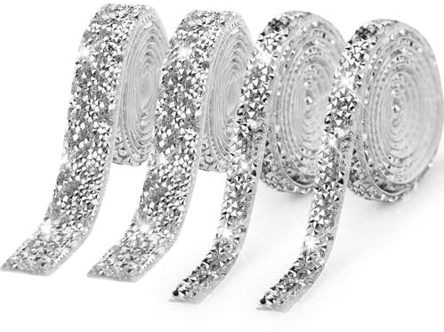 4 Rollen Diamantband selbstklebend kristall Strass Diamant Band Glitzerband Silber Strassband Deko Strasssteine Band Glitzersteine für Hochzeit Geburtstag DIY Dekoration (Silber, 10mm & 20mm)