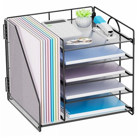 Restorgan Desk Organiser with File Holder, 5 Tiers Paper Letter Tray Organiser, Desktop Organiser and Storage, Mesh Desk Organisers and Accessories for Home Office Supplies (Black)