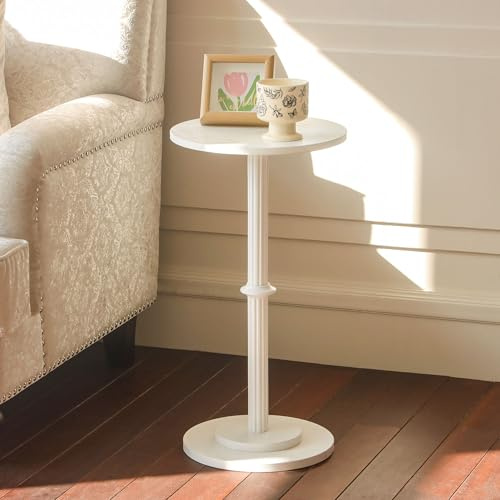 MaxSmeo Getränketisch, Kleiner Beistelltisch für kleine Räume, moderner runder Beistelltisch mit geriffeltem Holzbein, Weiß