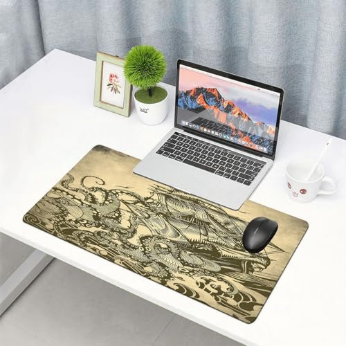 QRFASFZO Gaming Mouse Pad,Extra Large Mouse Mat 16x29.5 in,l,Ocean Sail Boat Waves and Octopus Kraken Tentacles Home Art Sepia Print,G,with Non-Slip Rubber Water-Resistant,for Home Office Gaming Room
