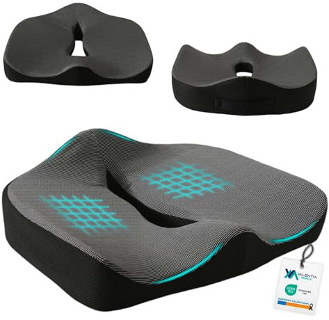 VALENTIA MEDICAL Cojín Coxis Ortopedico Viscoelastico – Cojin Antiescaras Ergonómico – Alivio del Dolor para Silla de Oficina + Ruedas + Coche + Gaming – Cojín para Postura y Presión