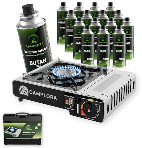 CAMPLORA Gaskocher + 16 Gaskartuschen + Tragekoffer mit Piezozündung - Campingkocher 2,2 kW - inkl. Sicherheitsabschaltung - Gaskocher Camping, Camping Kocher 1 flammig MSF-1a