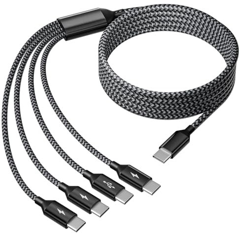 USB C Splitter Multi Charging Cable, Dual Type C Charger Cord,4 in 1 Multiple Nylon Braided Cable with 4 Type-C Connectors Compatible with iPhone 17 16 Pro Max/Tablets/Google-1Pack 5FT.