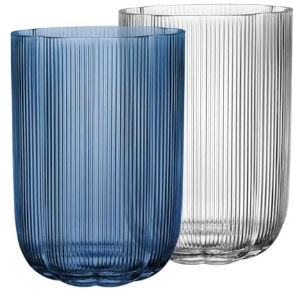 Villeroy & Boch Fleur Vasen-Set 2-teilig, 22,5 cm, Spülmaschinenfest, Tischvasen, Handgefertigte und Mundgeblasene Glasvasen, Blumiges Design, Klare und Farbige Blumenvasen, Glas, Clear/Bleu