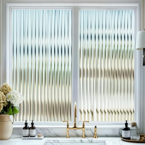 DARUITE Fensterfolie Blickdicht, Streifen Schilfglas-Effekt Sichtschutzfolie Fenster, Kein Kleber, Anti-UV Dekorfolie Fenster Folie für Zuhause und Büro, 90x200cm