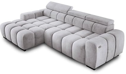 Ecksofa BULL 285x168x77/97 cm, Linke Seite Mit Schlaffunktion, Elektrisch Ausziehbarer Sitzfläche, Verstellbaren Kopfstützen, Dunklen Buchenholzfüßen, Hydrophobem SALVADOR-Bezugstoff - Silber