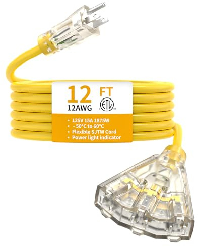 12FT 12/3 Heavy Duty Outdoor Extension Cord Multiple Outlets Lighted ETL