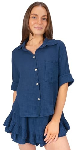 Seasons of April Musselin Bluse Damen aus 100% Baumwolle - kurz, luftig & locker - Frühling, Sommer mit Brusttasche - Celine (Dunkelblau S/M)