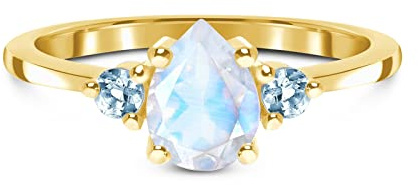 SNHHNSW Moonstone Verlobungsring in 10k 14k 1 Birnenform 3- Steinmondone Ringgeschenk für Frauen