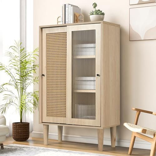 LINKHOO Buffet de Salle à Manger, Couleur Bois, avec Porte coulissante en Verre et rotin, 6 Compartiments de Rangement, étagères réglables pour Salon, Cuisine, Couloir, 60 * 40 * 100cm, chêne