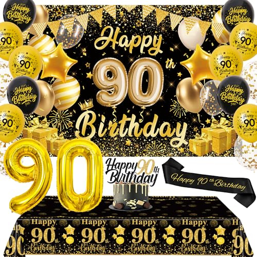 90th Birthday Decorations Banner Balloons - Black Gold Party Backdrop Set with Number Foil Balloon Tablecloth, Happy Birthday Banners Sash Cake Topper for 90 Years Old Party Decor