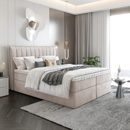 EURO-MOEBEL Bett Doppelbett Boxspringbett Luna Topper T25 + 2 Bettkästen, H3 (Beige : ITAKA 46, 160 x 200 cm)