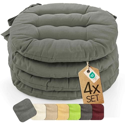 etérea 4er Set Sitzkissen Outdoor 38x38 Rund mit Bändern - Stuhlkissen Grau für Gartenstuhl & Innenbereich - waschbare Sitzauflagen Gartenmöbel - 4 Stück Kissen 38x38 cm - Grau