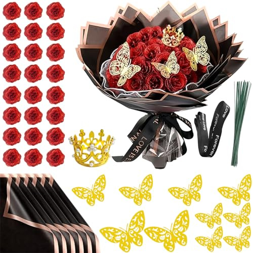 Glitzer Rosen Strauß, 24 Rote Rosen für Valentinstag, DIY Künstliche Glitzer Rosenstrauß mit Krone und Schmetterling, Romantische Rose Geschenk für Jubiläum, Hochzeit, Muttertag, Geburtstag