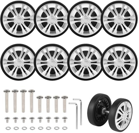 EXLECO 8pcs Koffer Ersatzrollen 55mm x 12mm, mit Ersatzteile Reparatur Set | Kofferrollen Ersatzrollen mit Doppelrollen, Koffer Rollen Ersatz Gepäck Räder, Gummi Ersatzräder, Gepäckkoffer Roller, Silber