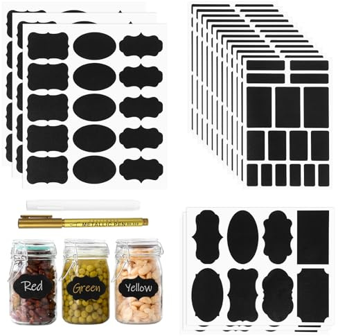 Elegaperma 370 Stück Tafel Aufkleber, Kreidetafel Etiketten, Schwarz | Gewürzetiketten mit 2 Stift, Beschriften Aufkleber, für Küche, Lebensmittellager, Labor