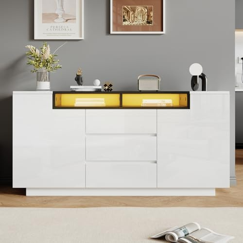 YEHTOKHOME Buffet Moderne Salon avec LED, Meuble Salle à Manger Blanc Brillant 140 cm, 2 Portes en L, 3 Tiroirs, Étagères Réglables, 2 Espaces Ouverts, Buffet Blanc pour Salon (G-Blanc)