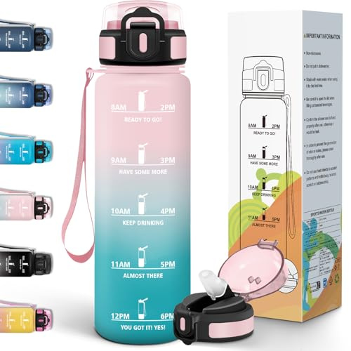 Motswedi Botella Agua 1 litro, Botella Agua con Pajita, A Prueba de Fugas, Cantimplora Gimnasio, con Marcador de Tiempo, Cantimplora Deporte, para Oficina, Universidad, Bicicleta - Rosa&Cian