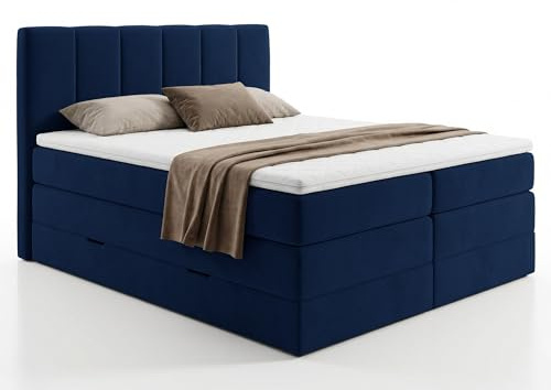 Sofnet Boxspringbett Star XL mit 2 Bettkästen und Topper, mit Taschenfederkern- und Bonellfederkernmatratze, Doppelbett, Polsterbett aus Veloursstoff mit Stauraum (Blau (Kronos 09), 180 x 200 cm)
