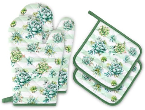 Arquiel Succulents Oven Gloves Cotton Oven Mitts for Kitchen, Set of 4