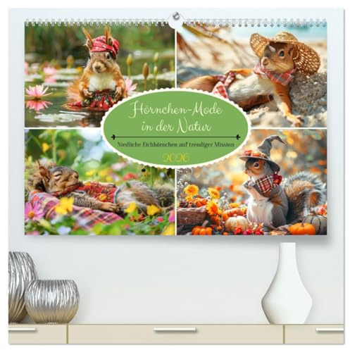 Hörnchen-Mode in der Natur. Niedliche Eichhörnchen auf trendiger Mission (hochwertiger Premium Wandkalender 2026 DIN A2 quer), Kunstdruck in ... beim lustigen Fotoshooting (CALVENDO Tiere)