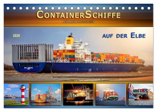 Containerschiffe auf der Elbe (Tischkalender 2026 DIN A5 quer), CALVENDO Monatskalender: Große Pötte auf dem Weg zu den Container-Terminals im Hamburger Hafen. (CALVENDO Mobilitaet)
