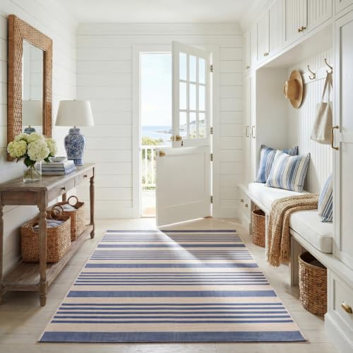 SAFAVIEH Geometrisch Teppich für Wohnzimmer, Esszimmer, Schlafzimmer - Courtyard Collection, Kurzer Flor, Beige und Blau, 201 X 290 cm