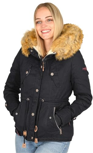 Navahoo Damen Winterjacke (XS-XXL) - 100% Baumwolle Obermaterial, Teddy Fleece innen, Kunstfell abnehmbar, Warme Jacke Frauen B643 (S, Schwarz)