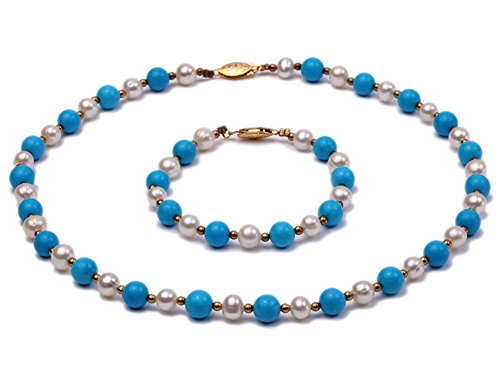 JYX Pearl Kette Set 7-8mm Süßwasserperlen weiß & Blau Türkis Perlen Halskette und Armband-Set
