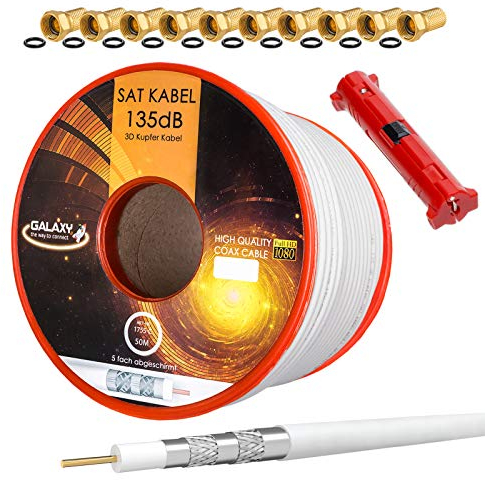 HB-DIGITAL SET 50m Koaxial SAT Kabel 135db Weiß + 10x F-Stecker vergoldet + 1x Abisolierer | CU Reines Kupfer Satellit Antennenkabel 5-Fach geschirmt für DVB-S/S2 -C/C2 -T/T2 DAB+ Radio BK Anlagen