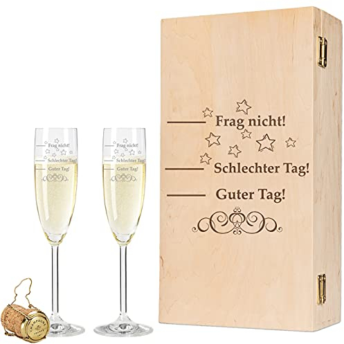 Leonardo Sektgläser im Set mit Gravur Schlechter Tag, Guter Tag - Frag nicht! - inkl. gravierter Vintage-Holzkiste - Lustiges & Originelles Geschenk - Geeignet für Champagner & Sekt