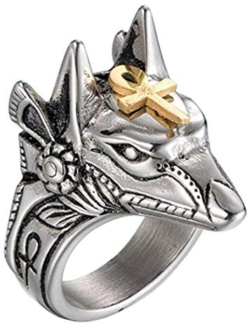 PAURO Herren Anubis Amulett Wolf Kopf Ring Aus Edelstahl Alten Ägyptischen Gott Mit Gold Ankh Kreuz Größe 54