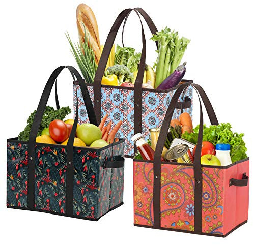 Foraineam Reusable Grocery Bags 3 Pattern Assorted Durable Heavy Duty Grocery Totes Bag Collapsible Grocery Shopping Box Bags with Reinforced Bottom