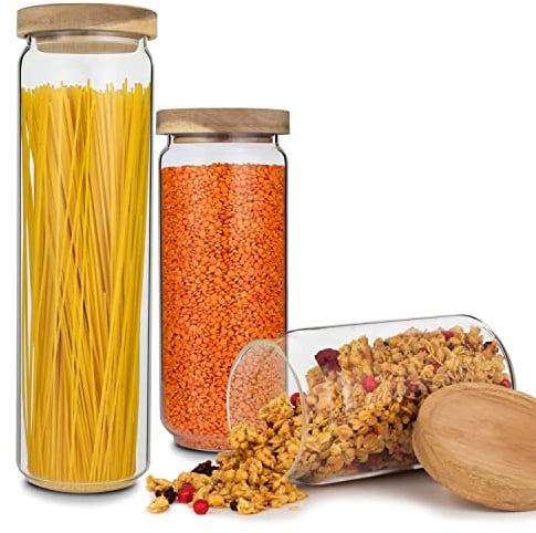 GLASWERK Vorratsgläser Set (0,75L/ 1,1L/ 1,5L) - Vorratsdosen Glas mit edlem Akazienholzdeckel - Spaghetti Aufbewahrung - Müsli Aufbewahrung Glas - Vorratsdosen luftdicht Glas - Vorratsglas Nudeln