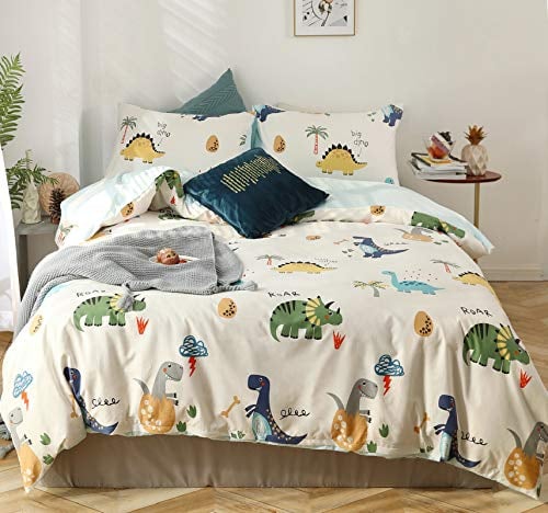 GETIYA 【Neueste】 Cartoon Dinosaurier Bettwäsche 155x220 3 TLG Weiß Jungen Bettwäsche Dino Muster Tiere Bettwäsche mit Kissenbezüge 80x80 Baumwolle Wendebettwäsche mit Reißverschluss Kissenbezug 80x80
