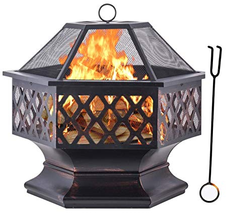 RANRANHOME Feuerschale Sechseckig Für Den Außenbereich, Feuerkorb Feuerstelle Garten Mit Funkenschutzgitter & Schürhaken, Für Heizung/BBQ, Feuerschalen Für Den Garten Strand Terrasse