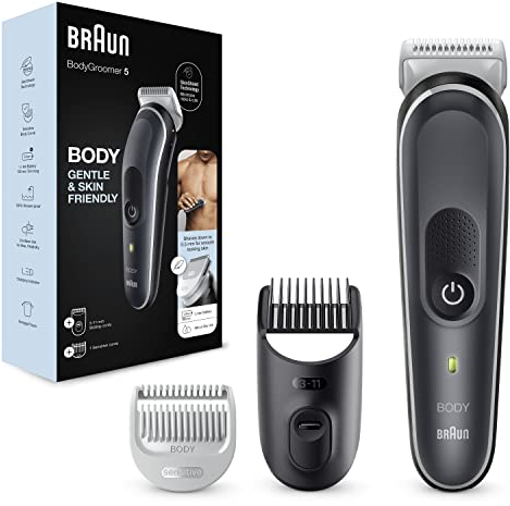 Braun Body Groomer 5, Manscape Tool for Men with SkinShield Technology, Sensitive Comb, Wet & Dry, 100% Waterproof, UK 2 Pin Plug, BG5350, Grey/White