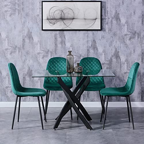 GOLDFAN Table à Manger en Verre avec 4 Chaises, Table 4 Personnes avec Chaise Moderne, Ensemble Table et Chaises Vert